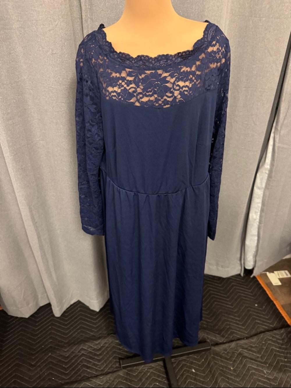 Bloom Chic Navy Lace Yoke Long Sleeve Women's Dress